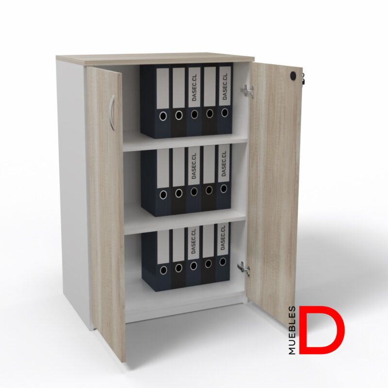 Imagen del Gabinete de 2 Puertas Dasec: Organización elegante con opciones de ancho de 60 cm, 70 cm, 80 cm y 90 cm, tres profundidades disponibles, y dos repisas interiores. Cerradura frontal, manillas metálicas y patines con regulación de altura. ¡Optimiza tu espacio de trabajo con estilo!