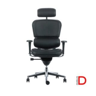 Silla ergonómica con mecanismo sincrónico, apoya cabeza regulable, respaldo de malla y asiento de cuero italiano.