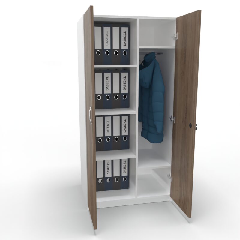 Imagen del Gabinete de 2 Puertas Dasec, mueble de almacenamiento elegante y funcional con opciones de ancho de 70 cm, 80 cm y 90 cm. Incluye lockers con repisas y colgador de ropa para una organización completa en tu espacio de trabajo.