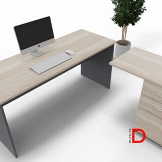 Cubierta Lateral con Cajonera de melamina, tiradores metálicos, rieles telescópicos y cerradura con trampa para mayor seguridad.