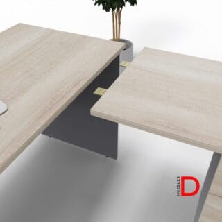 Cubierta Lateral con Cajonera de melamina, tiradores metálicos, rieles telescópicos y cerradura con trampa para mayor seguridad.