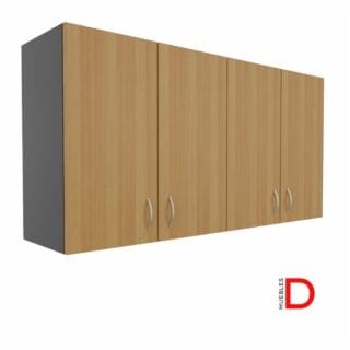 Gabinete colgante de 4 puertas de 80 cm de altura y 40 cm de profundidad, con instalación fácil, capacidad para archivadores a doble altura, repisas móviles ajustables, y disponible en varios anchos y colores.