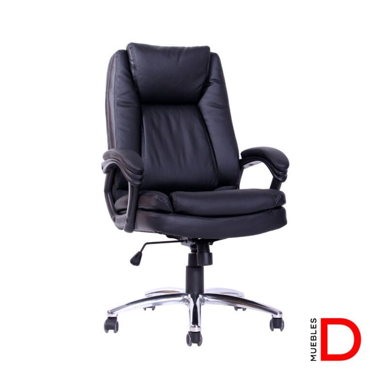 Sillón ejecutivo con respaldo y asiento tapizados en PU, reclinación simple y soporte lumbar fijo.