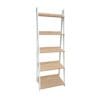 Estante DECO fabricado en MDF y melamina, con cinco bandejas, cantos en PVC y bisagras metálicas, ideal para almacenamiento.