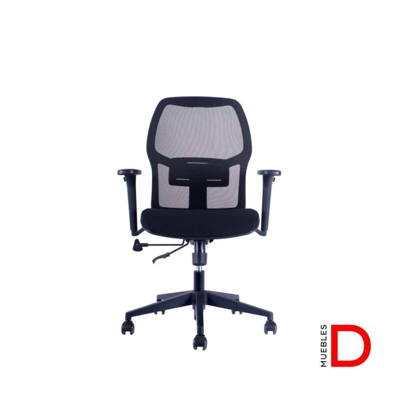 Silla Andes con mecanismo sincrónico, respaldo de malla, apoyo lumbar ajustable y apoyabrazos graduables para oficina.