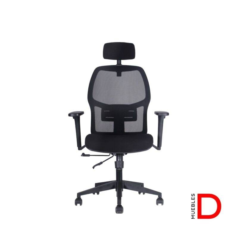 Silla Andes con Cabecero, mecanismo sincrónico, respaldo de malla, apoyo lumbar y cabecero regulable, ideal para oficina.