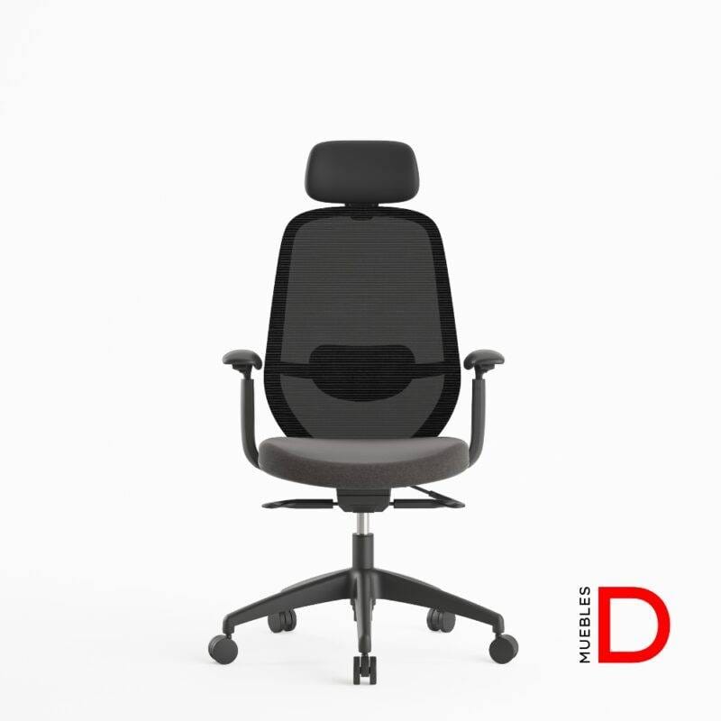 Silla Budi con cabecero ajustable, respaldo de malla, soporte lumbar, brazos ergonómicos y asiento con espuma moldeada.