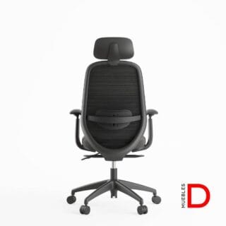 Silla Budi con cabecero ajustable, respaldo de malla, soporte lumbar, brazos ergonómicos y asiento con espuma moldeada.