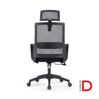 Silla Cleo con mecanismo reclinable, respaldo de malla, soporte lumbar y apoya cabeza ajustable. Base de nylon negro y ruedas de PU.