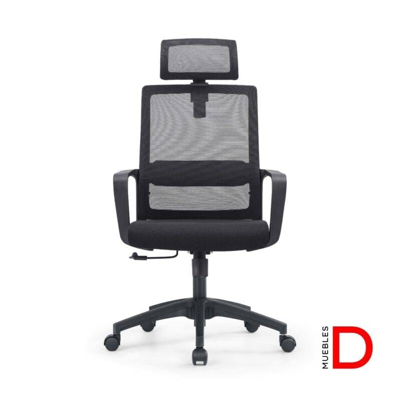 Silla Cleo con mecanismo reclinable, respaldo de malla, soporte lumbar y apoya cabeza ajustable. Base de nylon negro y ruedas de PU.