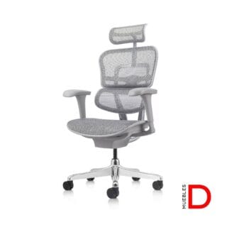 Silla Ergohuman Fit Gris con mecanismo sincrónico, respaldo y apoya cabeza ajustables, diseño ergonómico para confort y postura.