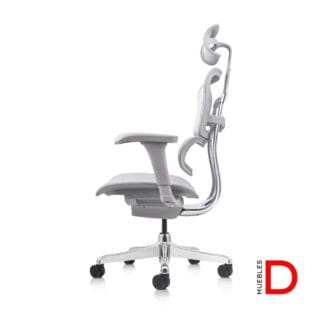 Silla Ergohuman Fit Gris con mecanismo sincrónico, respaldo y apoya cabeza ajustables, diseño ergonómico para confort y postura.