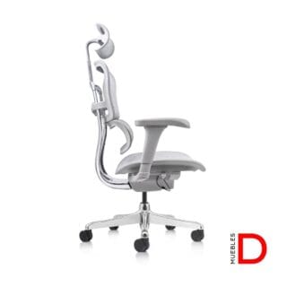 Silla Ergohuman Fit Gris con mecanismo sincrónico, respaldo y apoya cabeza ajustables, diseño ergonómico para confort y postura.