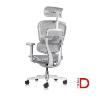 Silla Ergohuman Fit Gris con mecanismo sincrónico, respaldo y apoya cabeza ajustables, diseño ergonómico para confort y postura.