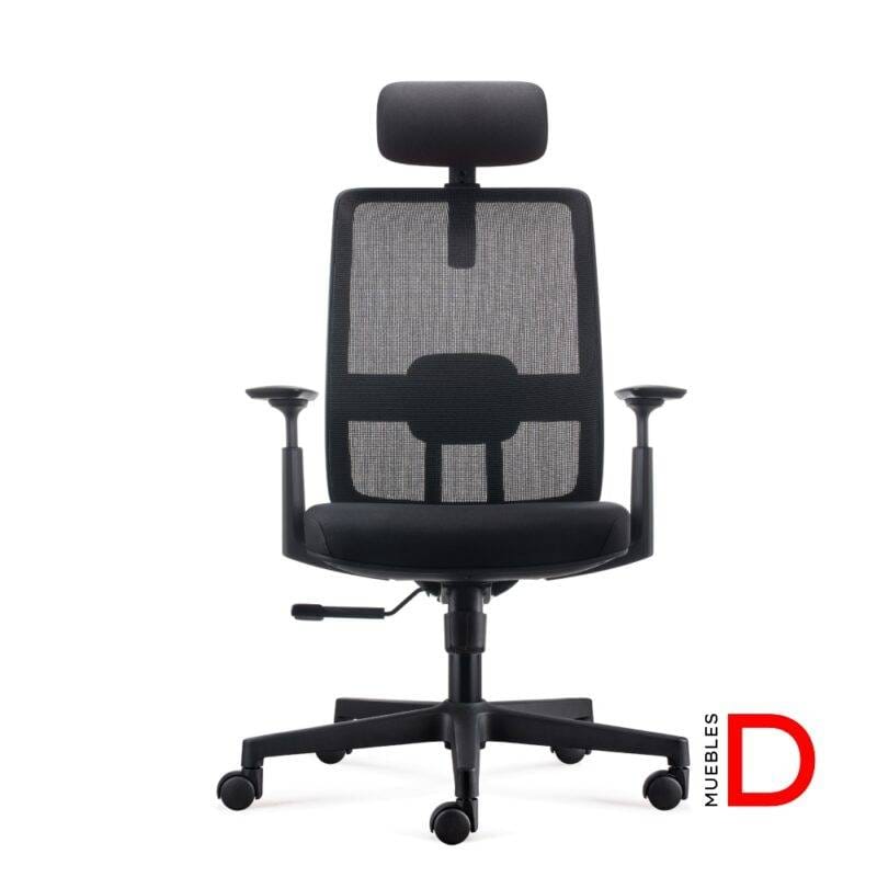 Silla Eva con Cabecero ergonómica, respaldo de malla, apoyo lumbar ajustable, cabecero ajustable en altura y ángulo, y apoyabrazos graduables.