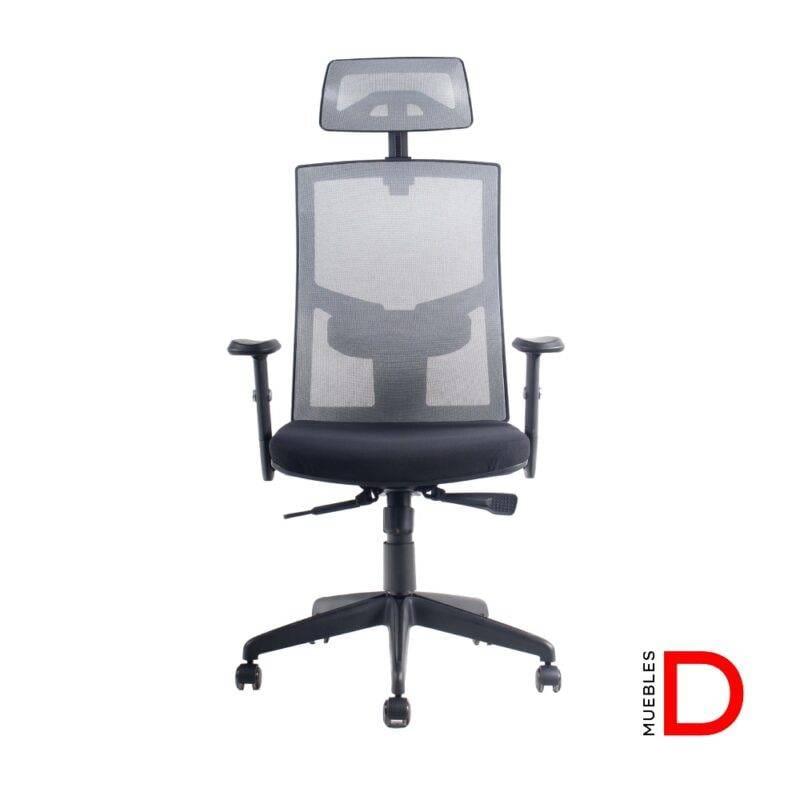 Silla Focus con cabecero ajustable en altura y ángulo, respaldo de malla, soporte lumbar y ruedas de PU negras.