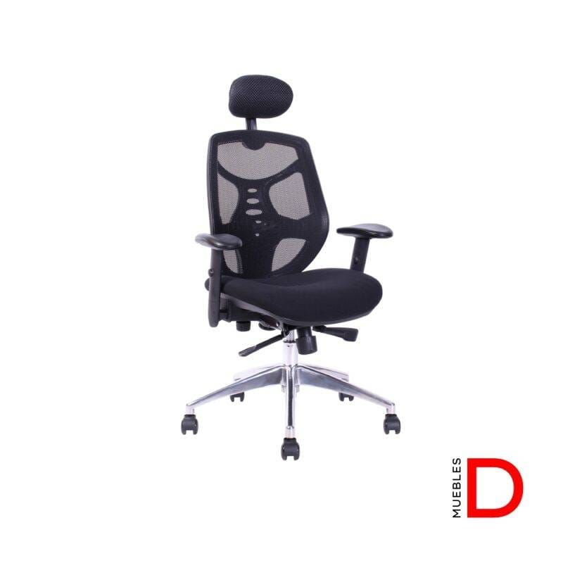 Silla Isa con cabecero fijo, respaldo de malla, apoya cabeza de tela, apoyabrazos ajustables y base de nylon con ruedas de PU.