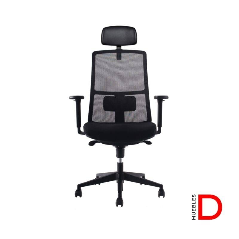 Silla Tela con Cabecero regulable en altura y ángulo, respaldo de malla, soporte lumbar ajustable y apoyabrazos ergonómicos.