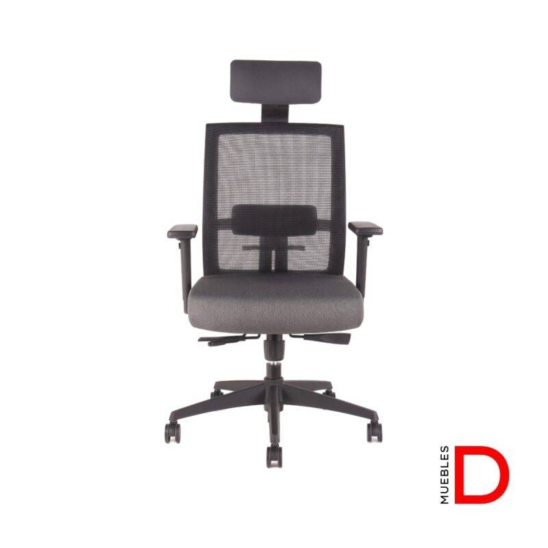 Silla Tor ergonómica con mecanismo sincrónico, apoyacabeza y respaldo de malla ajustables, base de nylon y ruedas de PU negras.