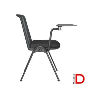 Silla Delta Universitaria con respaldo de malla, asiento de espuma inyectada, estructura de acero ovalado y paleta de escritura plegable.