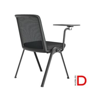 Silla Delta Universitaria con respaldo de malla, asiento de espuma inyectada, estructura de acero ovalado y paleta de escritura plegable.