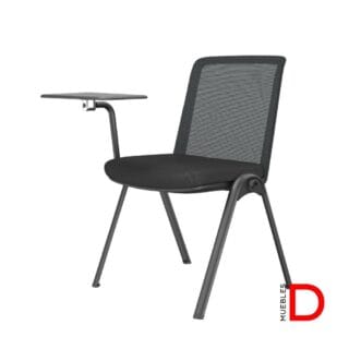 Silla Delta Universitaria con respaldo de malla, asiento de espuma inyectada, estructura de acero ovalado y paleta de escritura plegable.