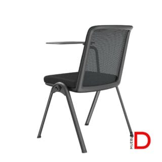 Silla Delta Universitaria con respaldo de malla, asiento de espuma inyectada, estructura de acero ovalado y paleta de escritura plegable.