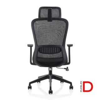 Silla Samba con reclinación simple, apoyacabeza ajustable en altura y ángulo, respaldo de malla y asiento de espuma inyectada.