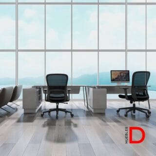 Silla Samba con reclinación simple, apoyacabeza ajustable en altura y ángulo, respaldo de malla y asiento de espuma inyectada.