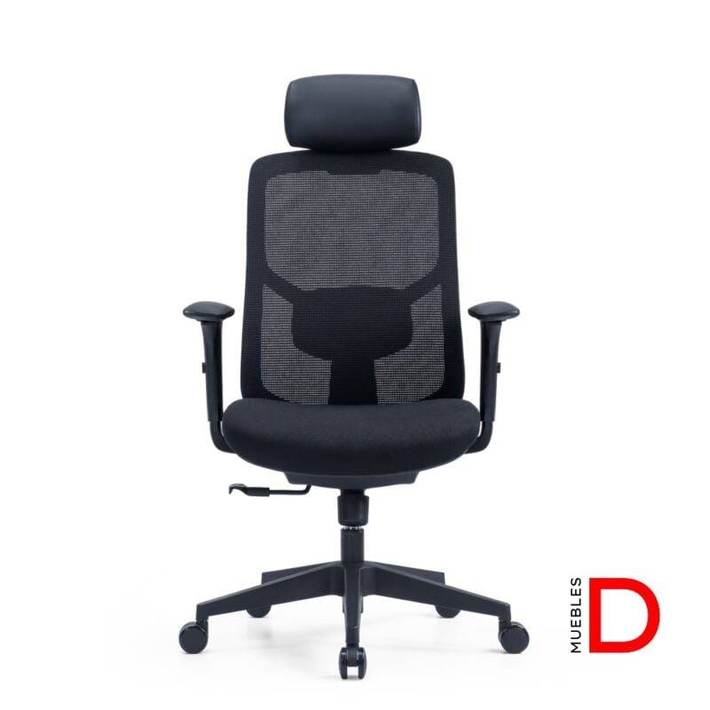 Silla Tango con mecanismo sincrónico, desplazador de asiento, apoyacabeza ajustable, soporte lumbar regulable y ruedas de PU.
