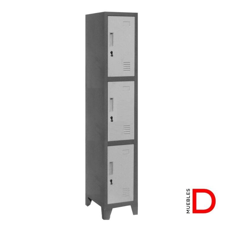 Locker metálico 1 cuerpo de 3 puertas, acero laminado con ventilación, acabado gris y pintura electrostática, ideal para espacios compartidos.