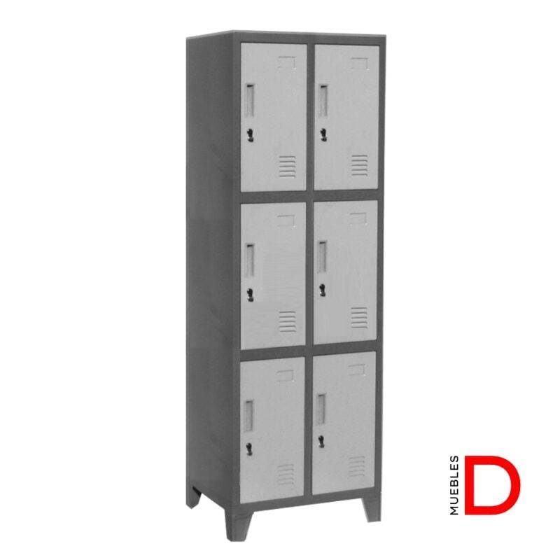 Locker metálico de 2 cuerpos y 6 puertas con ventilación, acero laminado y pintura electrostática gris.