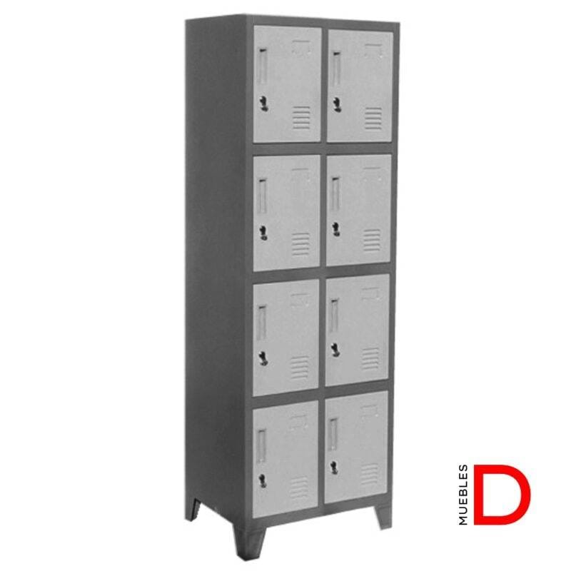 Locker metálico de 2 cuerpos y 8 puertas con acabado gris y estructura de acero resistente para uso compartido.