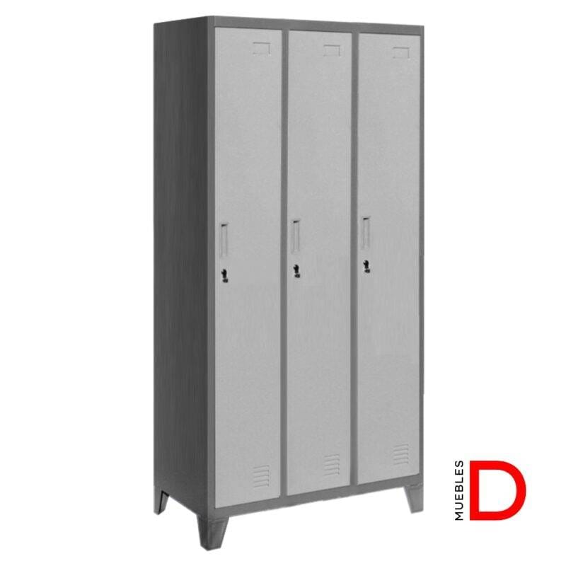 Locker metálico de 3 cuerpos y 3 puertas en acero laminado gris con pintura electrostática y diseño resistente.