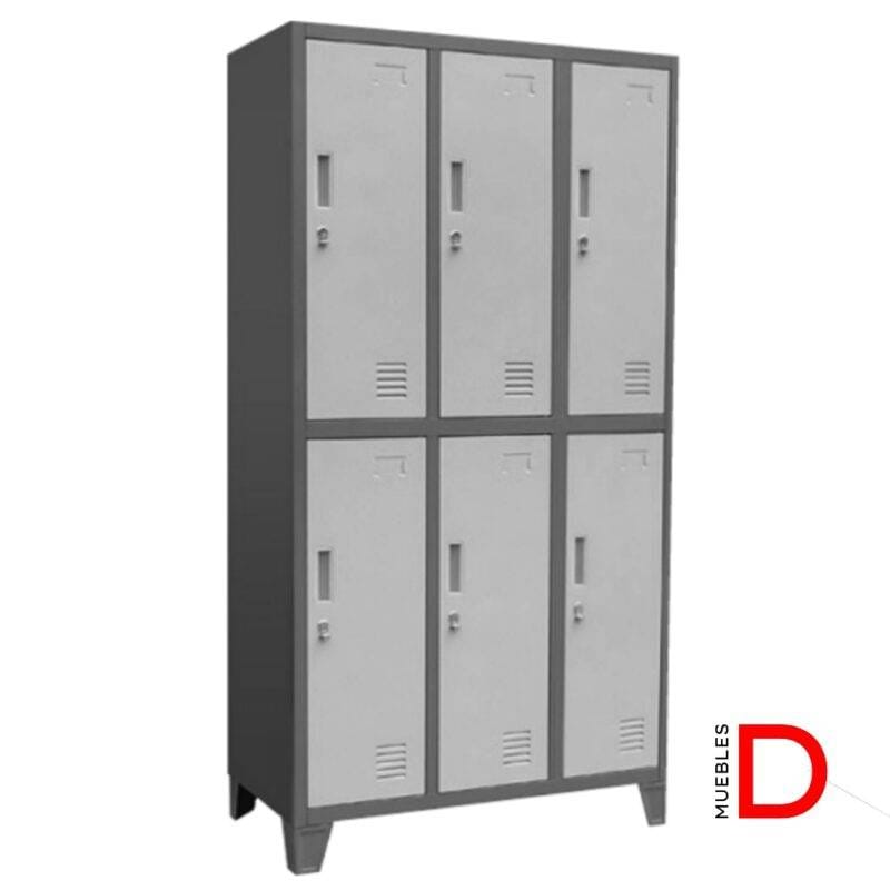 Locker metálico de 3 cuerpos y 6 puertas con ventilación, barra colgante y pintura electrostática gris clásico.