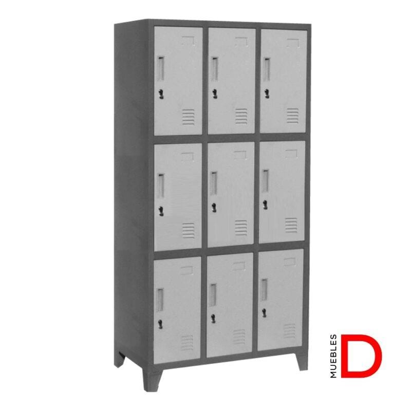 Locker metálico de 3 cuerpos y 9 puertas en acero laminado gris con pintura electrostática y diseño compacto.