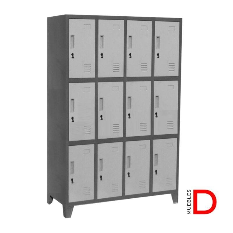 Locker Metálico de 12 puertas en acero con ventilación, opción de colores y cerraduras, en color gris clásico.