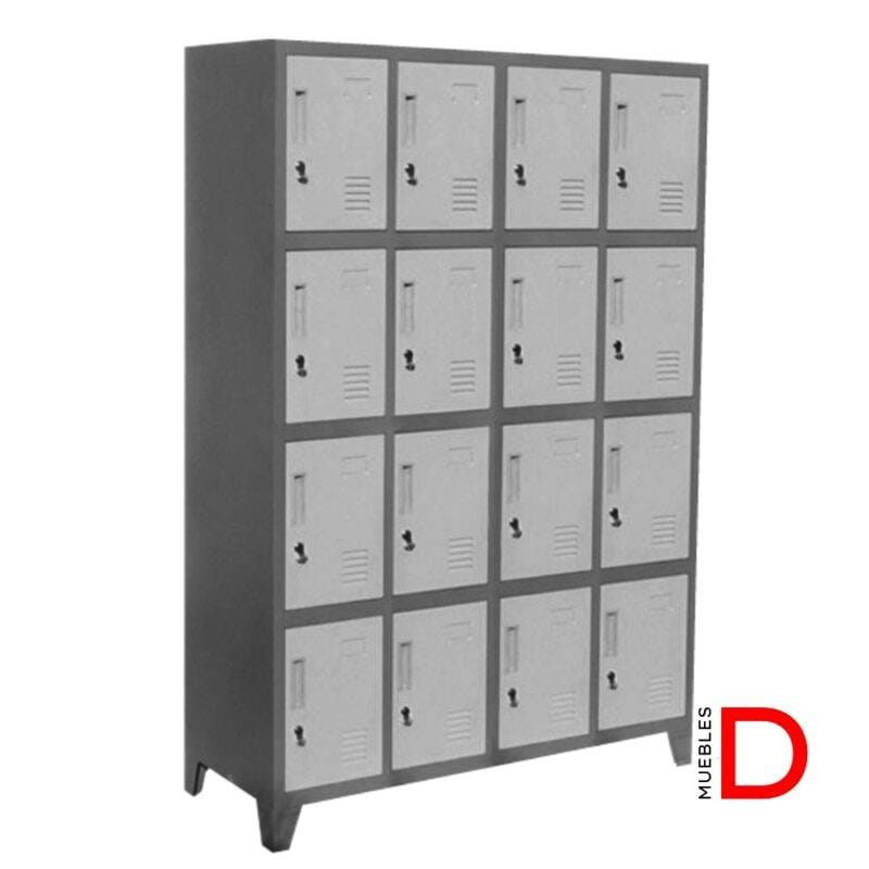 Locker Metálico de 16 puertas con ventilación y acabado gris, ideal para espacios compartidos y alta rotación de usuarios.
