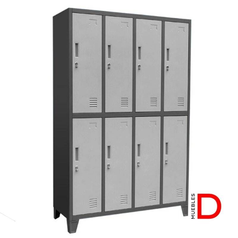 Locker Metálico de 8 puertas con ventilación, barra colgante y cerradura opcional, en color gris clásico.