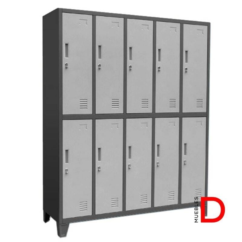Locker metálico de 10 puertas con ventilación, estructura de acero resistente, color gris, ideal para espacios compartidos.