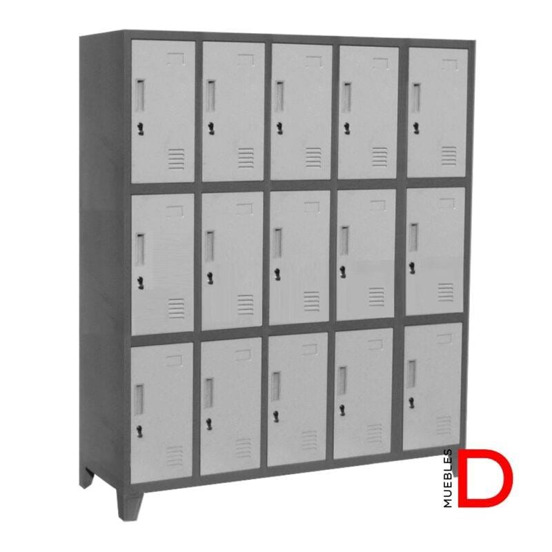 Locker metálico de 15 puertas, fabricado en acero laminado con ventilación y estructura resistente. Color gris y diseño funcional.