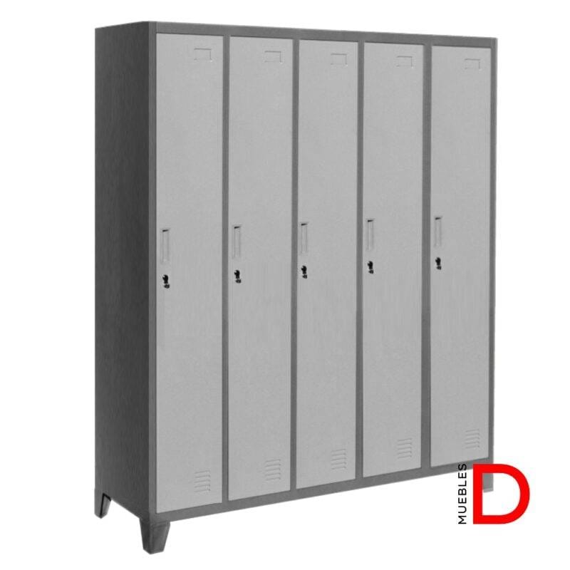 Locker metálico de 5 cuerpos y puertas, en acero gris con pintura electrostática, ideal para oficinas y gimnasios.