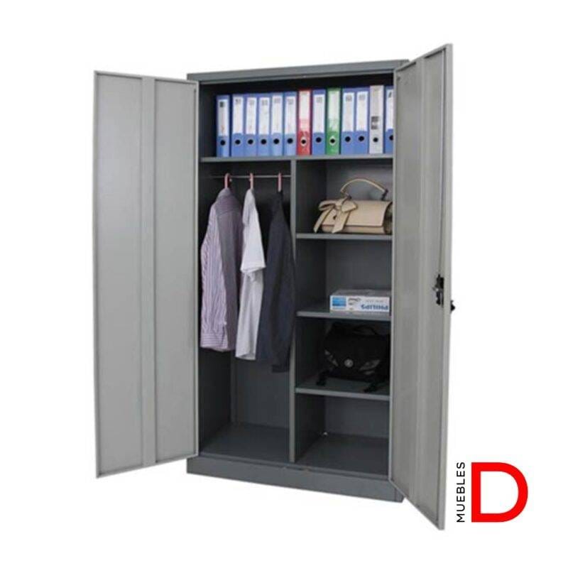 Ropero metálico de 2 puertas con cerradura, estructura de acero SAE-1010 y pintura epoxi anticorrosiva.
