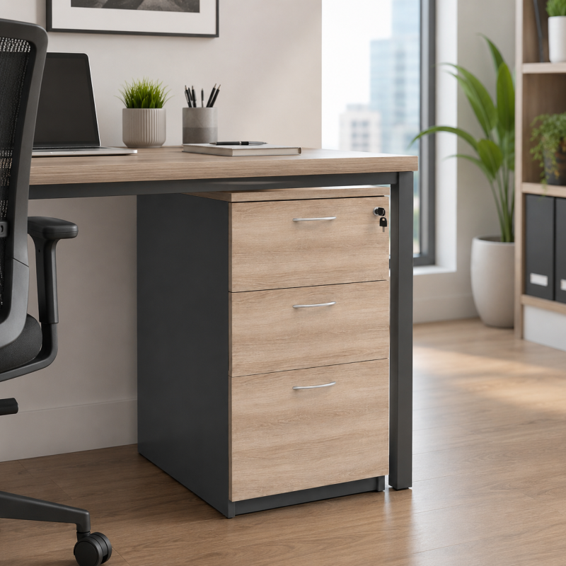 Cajonera pedestal para escritorio Dasec ubicada bajo cubierta en oficina moderna