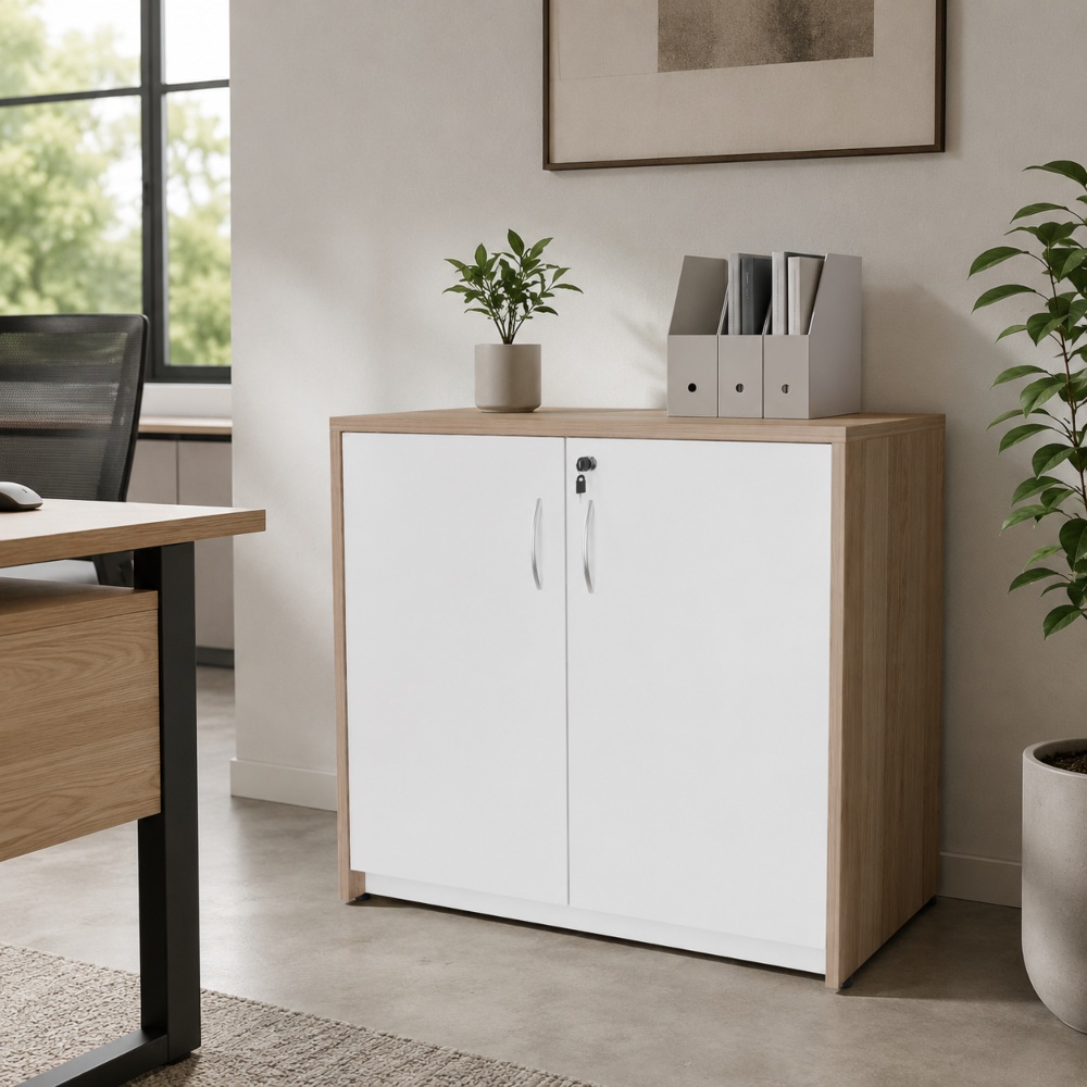 Gabinete Nórdica 2 puertas H75 blanco y madera para oficina