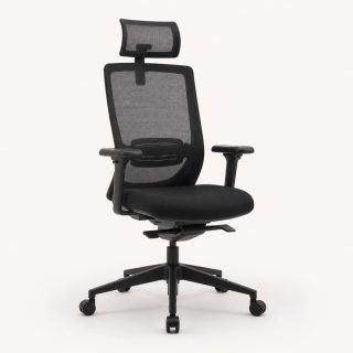 Silla ejecutiva Tilo negra con cabecero ajustable, respaldo de malla y asiento tapizado