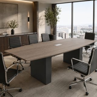 Mesa de Reunión Arko 240 ambientada con cubierta Cendra Escandinavo y patas grafito