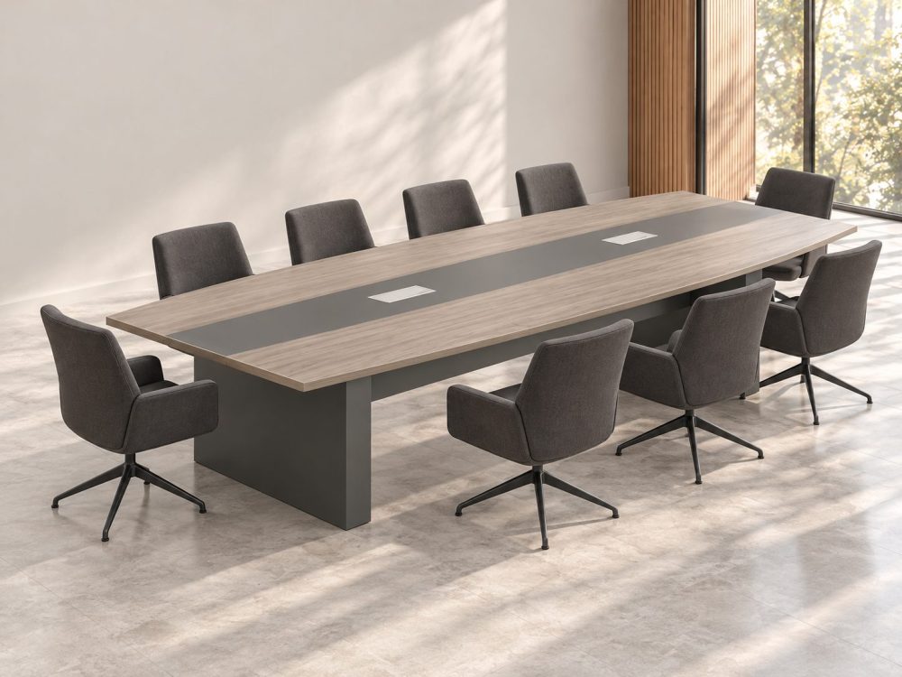 Mesa de reunión Imperium con cubierta Cendra Escandinavo, bases grafito y diez sillas